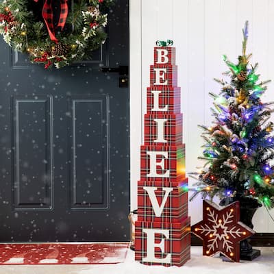 Glitzhome 42"H Wooden Double-Sided "BELIEVE" Porch Sign Decor