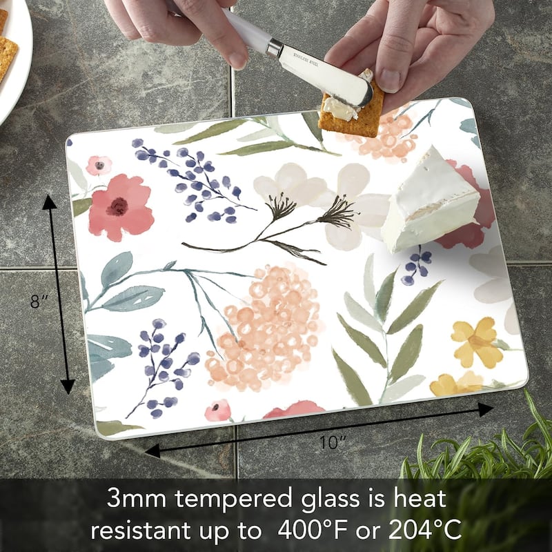 Meadow Floral 3mm Heat Tolerant Tempered Glass Cutting Board 10” x 8” Manufactured in the USA Dishwasher Safe