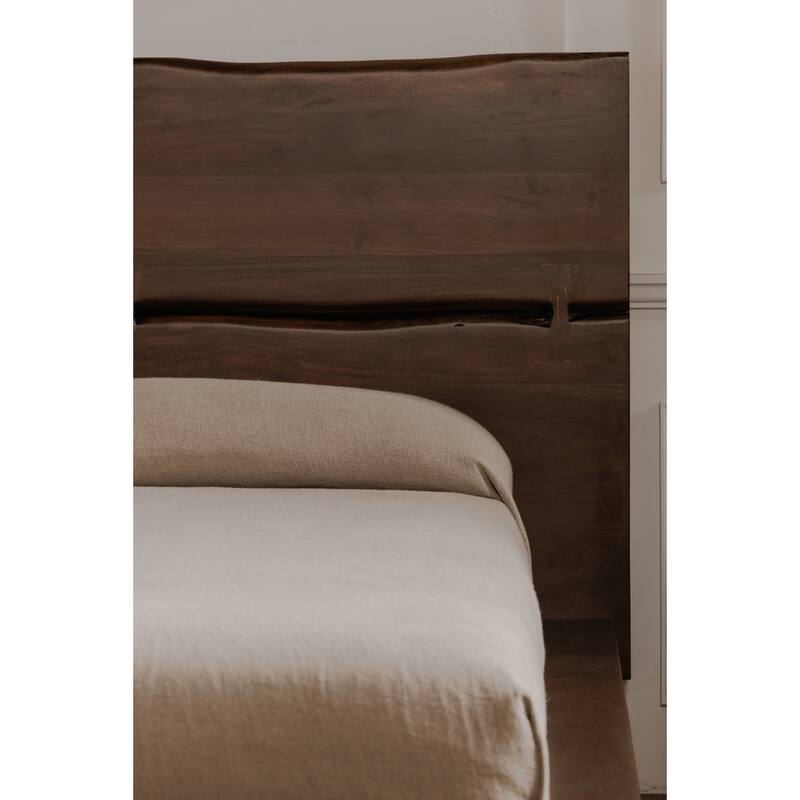 NADAAL STUDIOS Sterling Brown Solid Acacia Queen Platform Bed with Organic Edge Headboard and Steel Legs