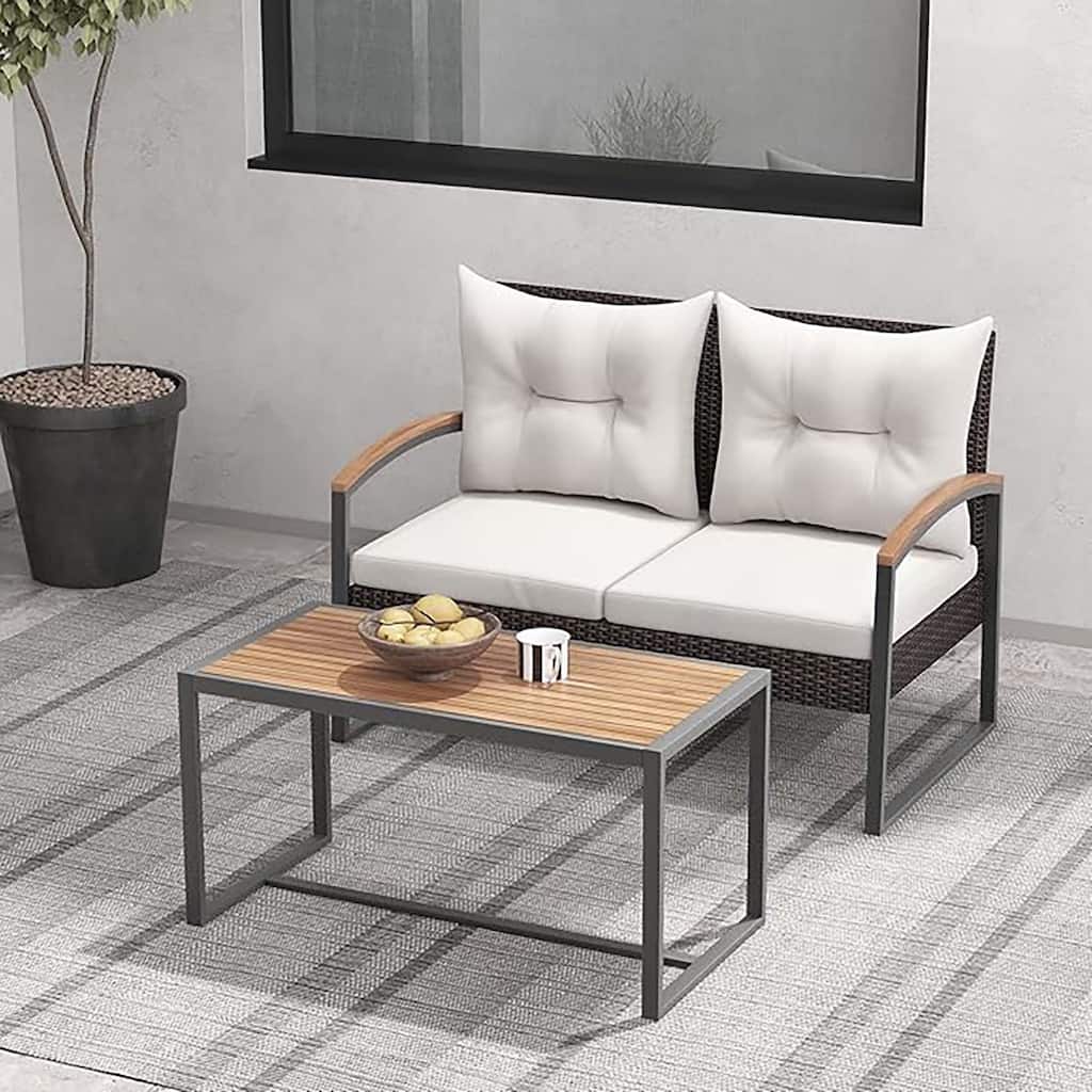 2 PCS Patio Wicker Furniture Loveseat Set w/ Acacia Wood Coffee Table