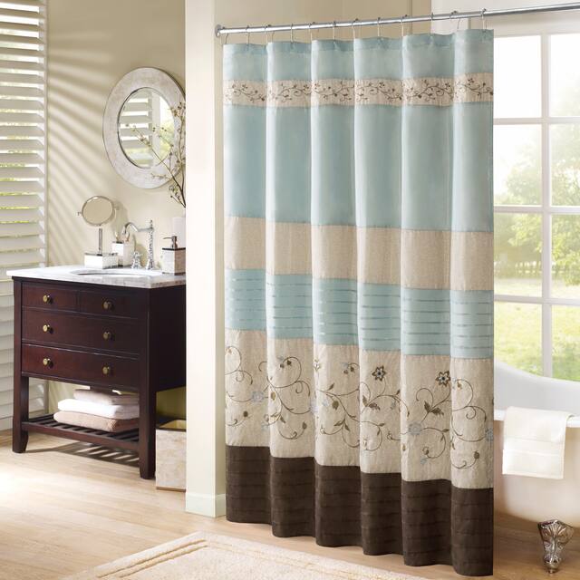 Madison Park Belle Faux Silk Embroidered Floral Shower Curtain - 72x72" - Blue
