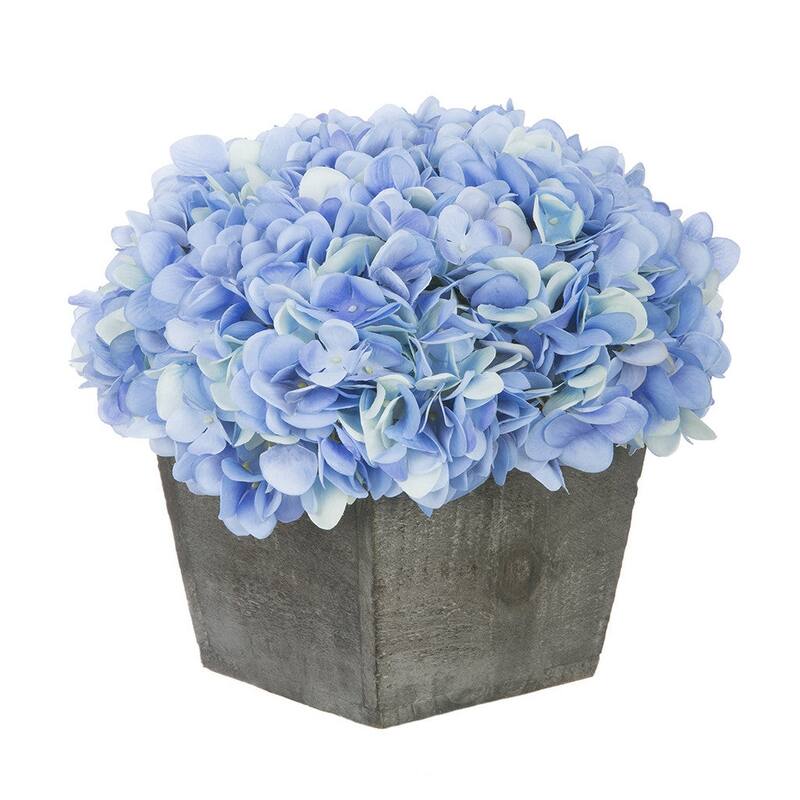 Faux Hydrangea in Grey Washed Wood Cube Planter - Blue