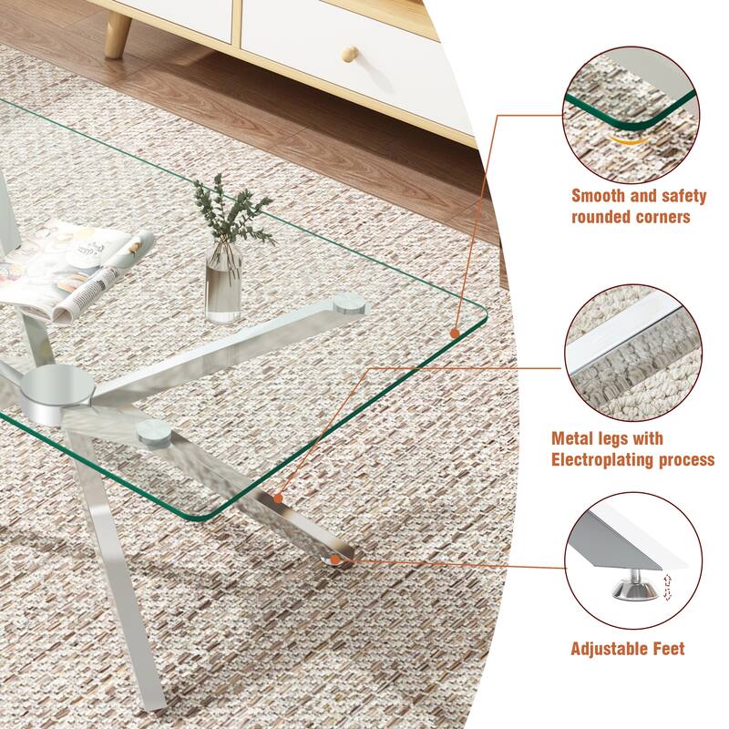 39.37" Rectangular Clear Tempered Glass Coffee Table,Stylish Design with silver Metal Legs, Coffee Table