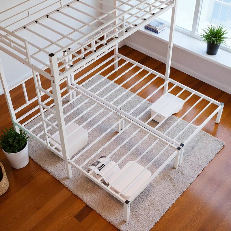 Metal Twin Over Twin Over Twin Triple Bunk Bed with Safety Guardrails, Ladder, Convertible 3 Beds, Heavy-Duty Frame