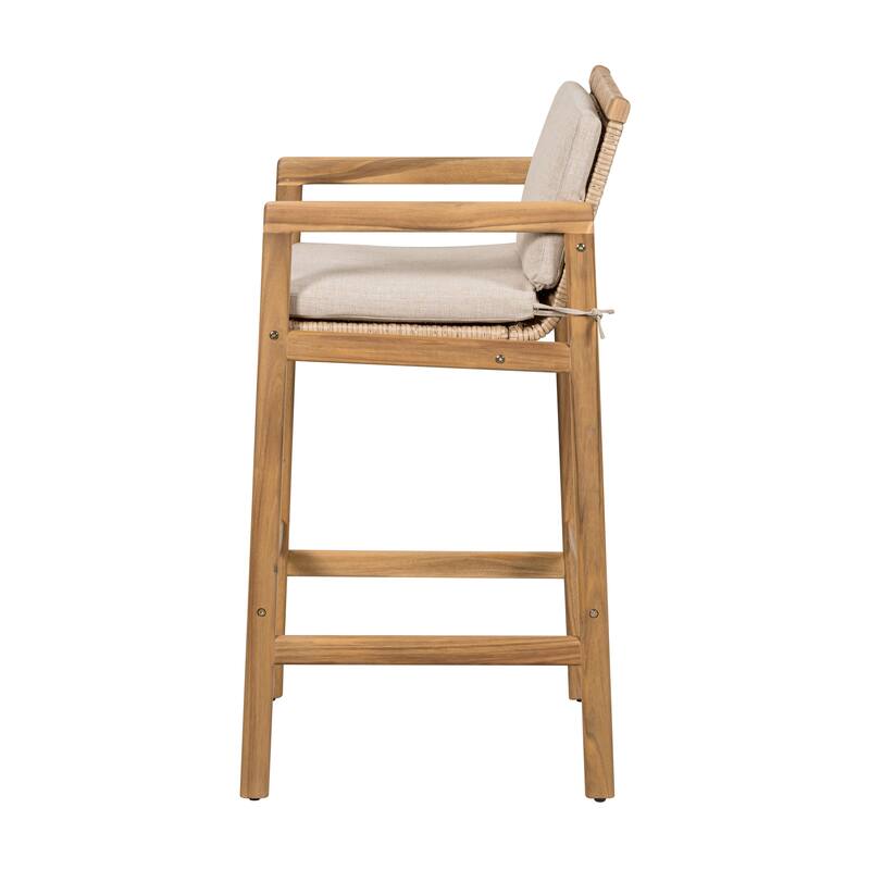 Roomfitters Marcella Outdoor Acacia Wood Barstools with Wicker Back, Teak Finish and Beige Set of 2
