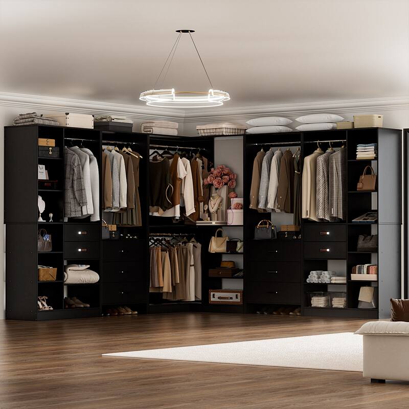 Rackcog Set of 5 Large Closet System with Drawers, Coner Closet Organizers with Hanging Rods and Shelves