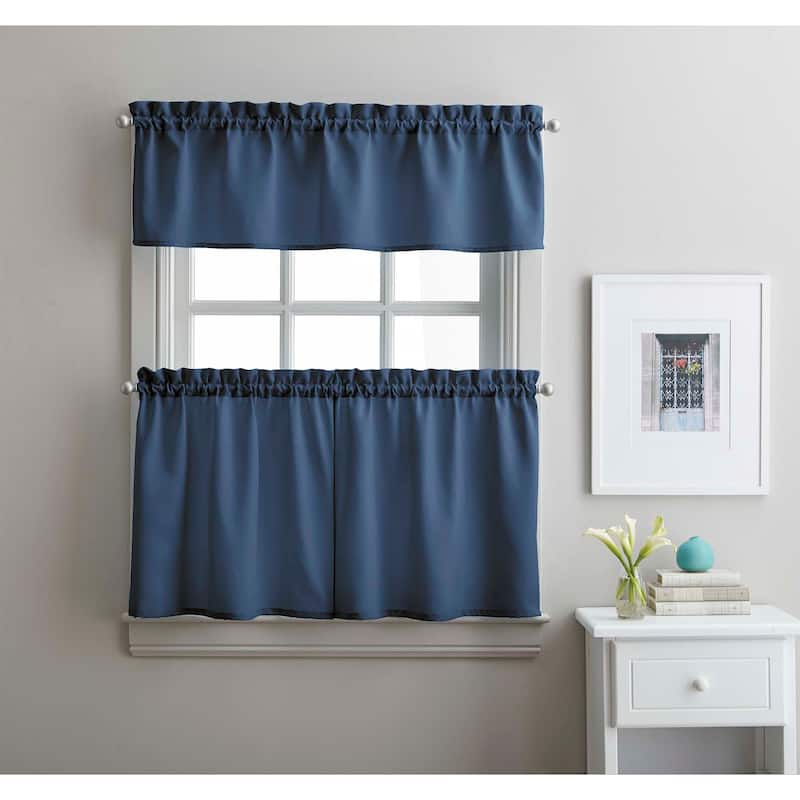 Curtainworks Solid Twill 3-Piece Kitchen Curtain Tier Set - 36 in. - 3 Pc Set - NAVY