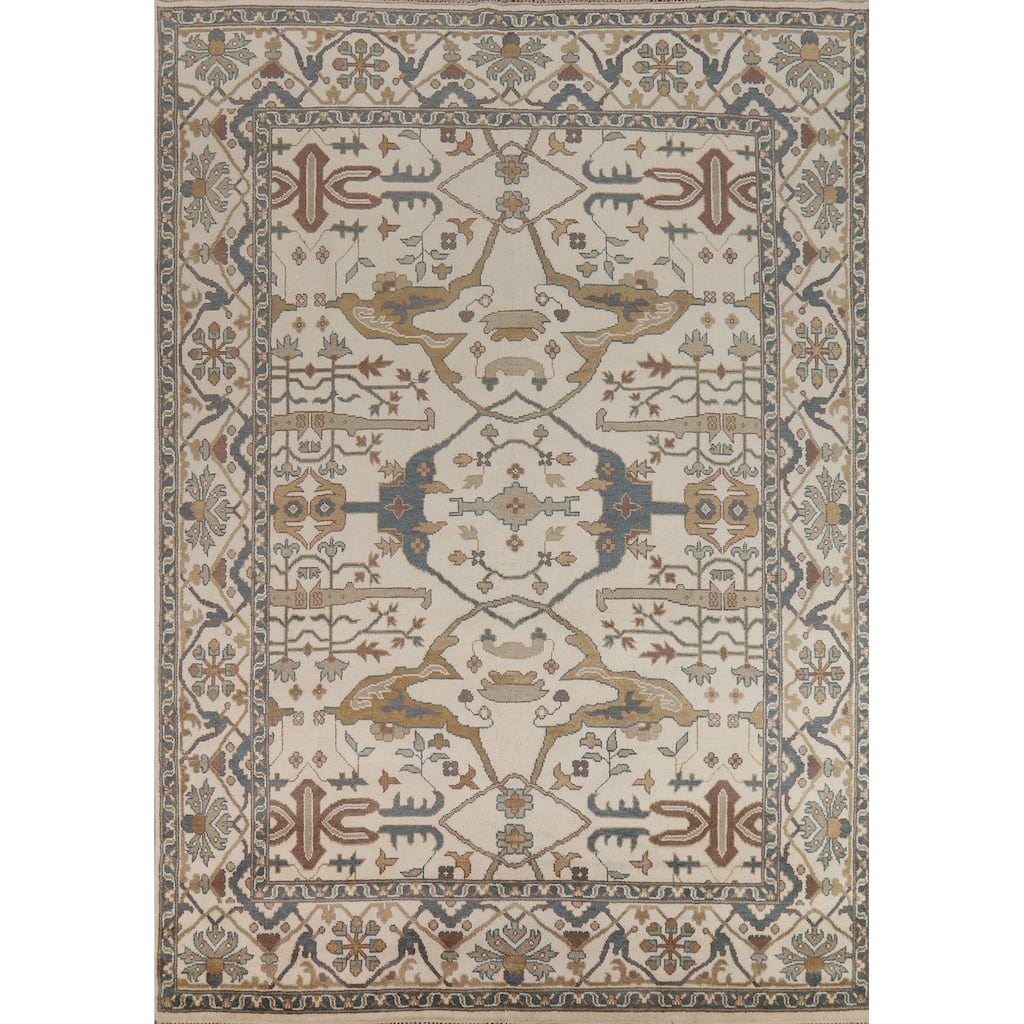 All-Over Ivory Oushak Indian Area Rug Hand-Knotted Wool Carpet - 8'11" x 12'0"