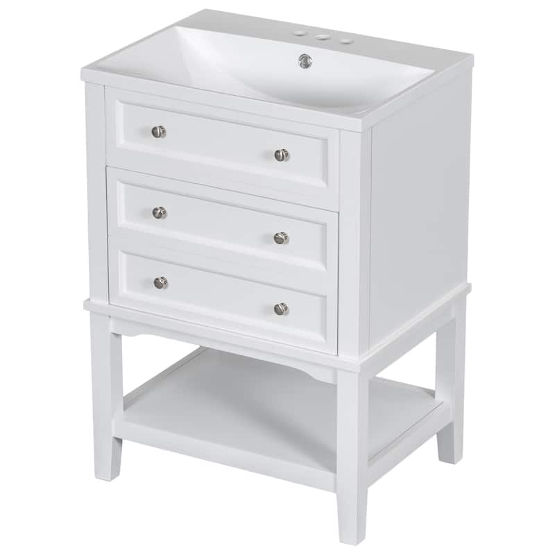 Roomfitters 24" Bathroom Vanity with Sink Storage Cabinet with Drawer and Open Shelf Solid Wood Frame, White