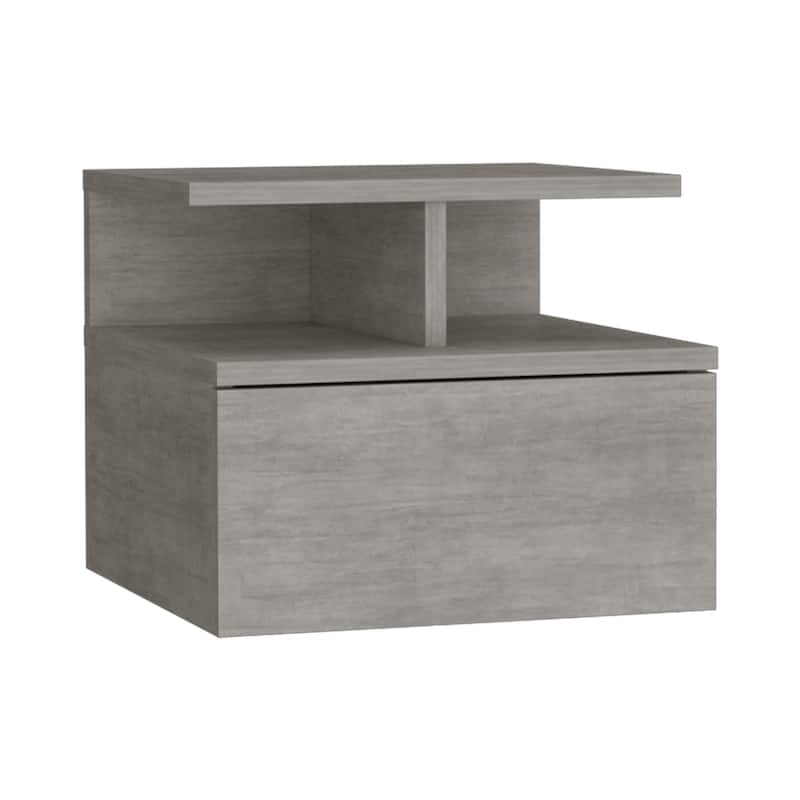 Wall-Mounted Floating Nightstand with Drawer and 2-Tier Shelf, Concrete Gray