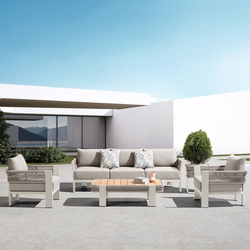 HIGOLD - Borromeo Teak Wood & Aluminum Outdoor Patio Conversation Set for 5 - Beige