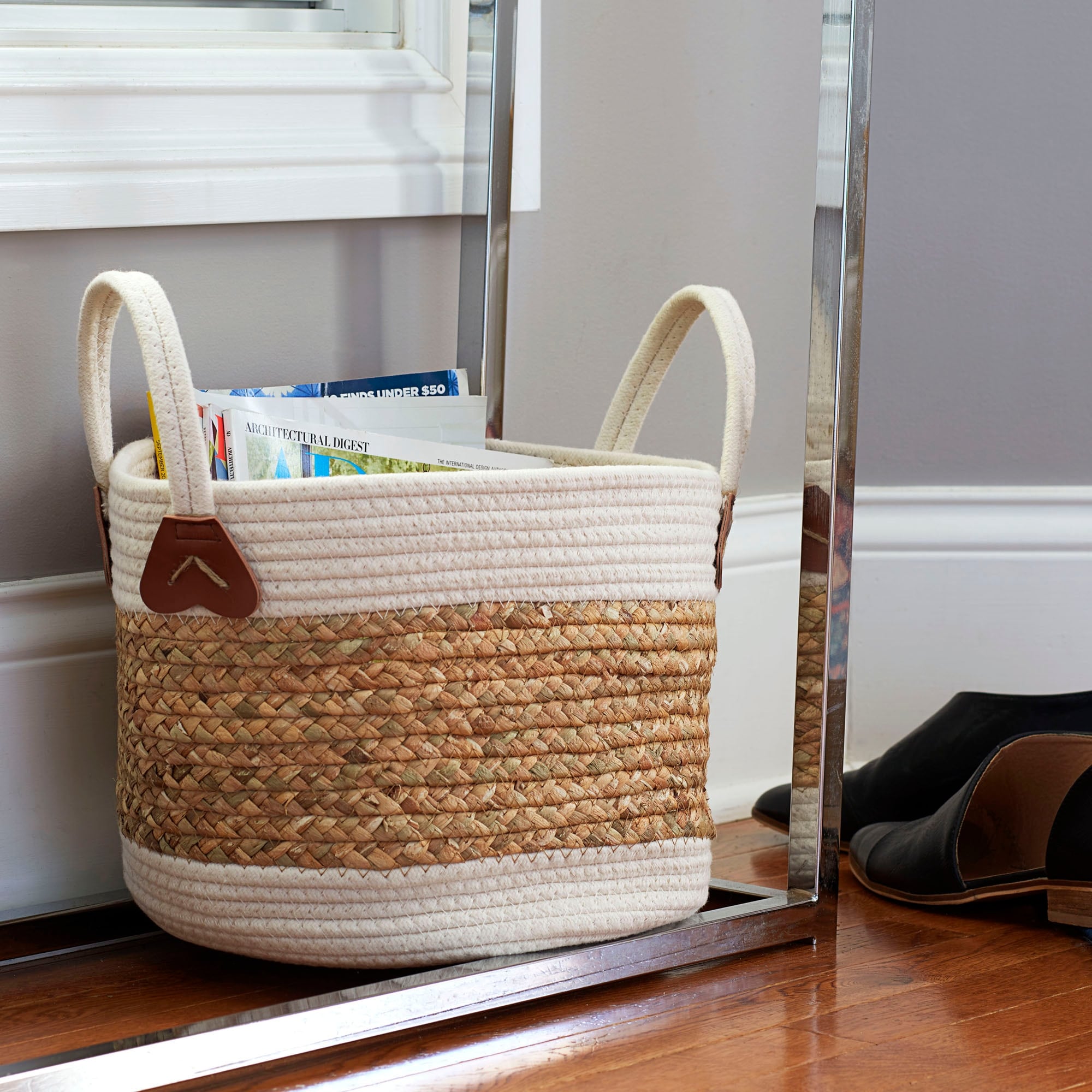 Two-Toned Corn and Hyacinth Wicker Basket, White and Natural