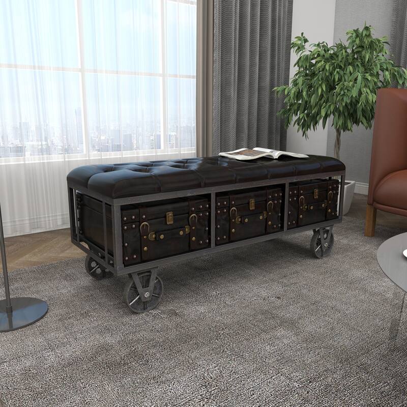 Black Faux Leather Tufted Upholstered 3 Trunk Storage Bench with Industrial Wheels and Gold Studded Accents