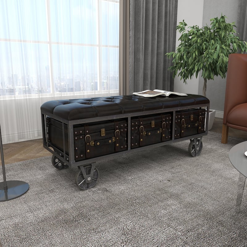 Faux Leather Tufted Upholstered 3 Trunk Room Storage Bench with Industrial Wheels and Gold Accents - Black - Roche River Decor