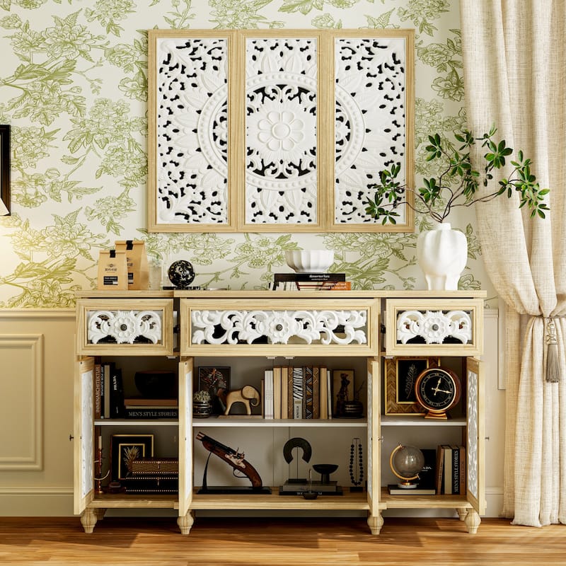 Booksheves Boho Entryway Display Cabinet w Wall Décor White Hollow Carved Panels Sideboard