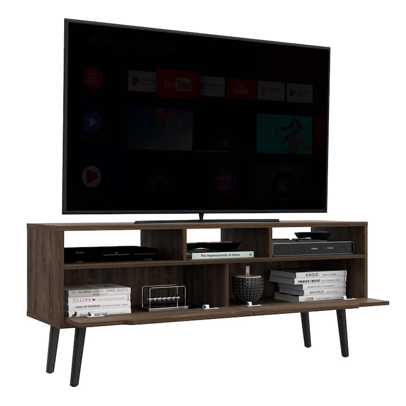 Modern Dark Walnut TV Console with Three Shelves & Two Drawers - Fits TVs Up to 52"