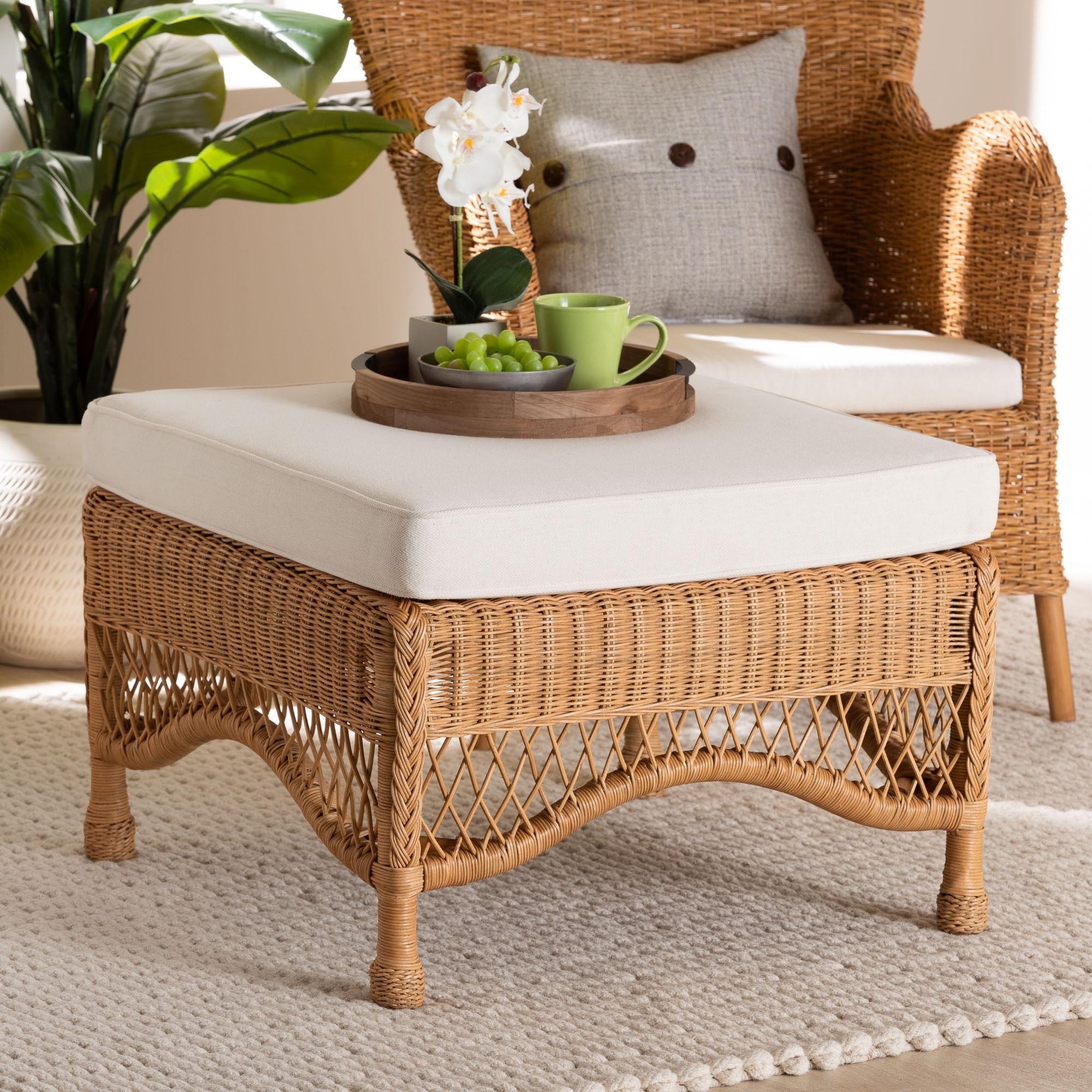 Brooklyn Bohemian Light Honey Braided Rattan Ottoman Stool
