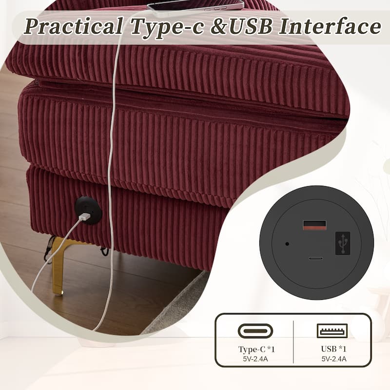 HOMEFUN Corduroy Upholstered U-shaped Adjustable Light Modular Sectional Sofa With Type-C and USB ports