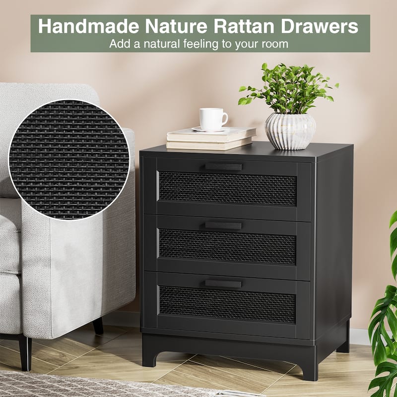Anmytek Modern Black Wood Rattan Nightstand Bedside Table Side Table with 3 Drawers for Bedroom