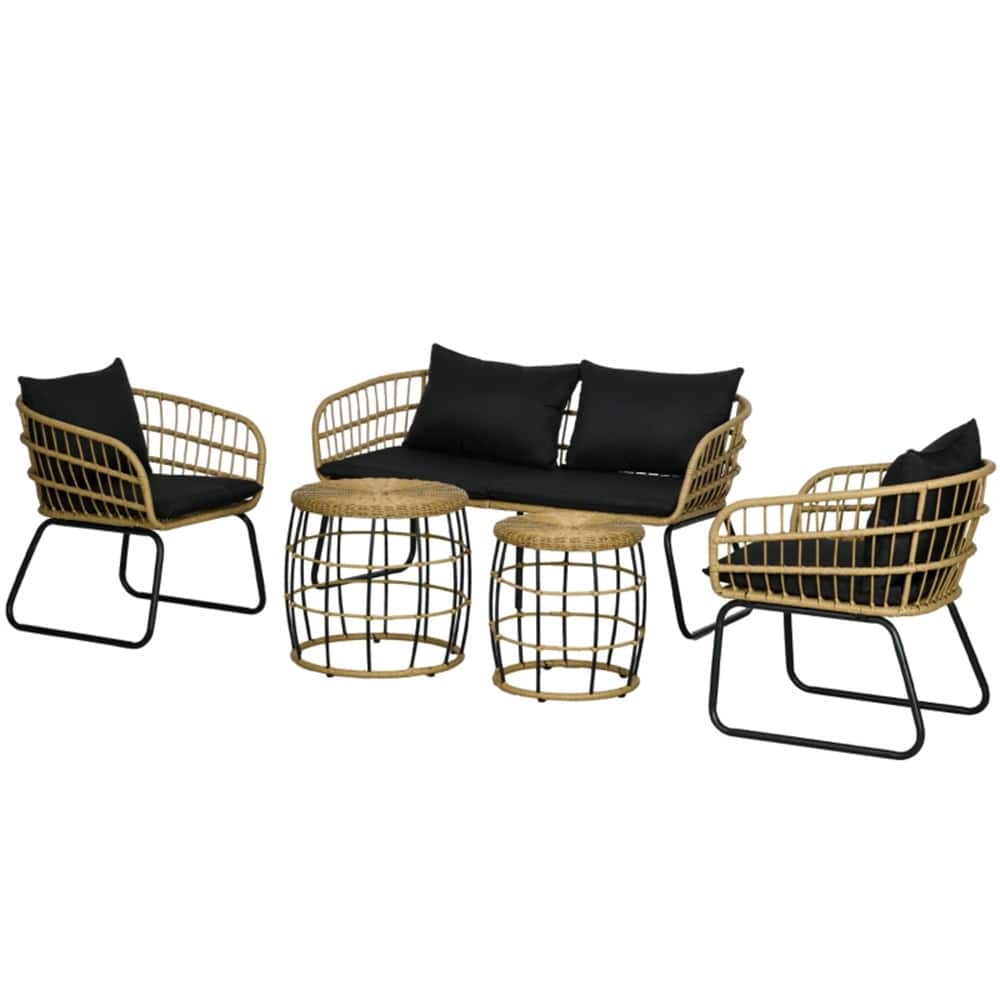 5-Piece Outdoor Patio Conversation Set with PE Rattan, Cushions & Dual Coffee Tables