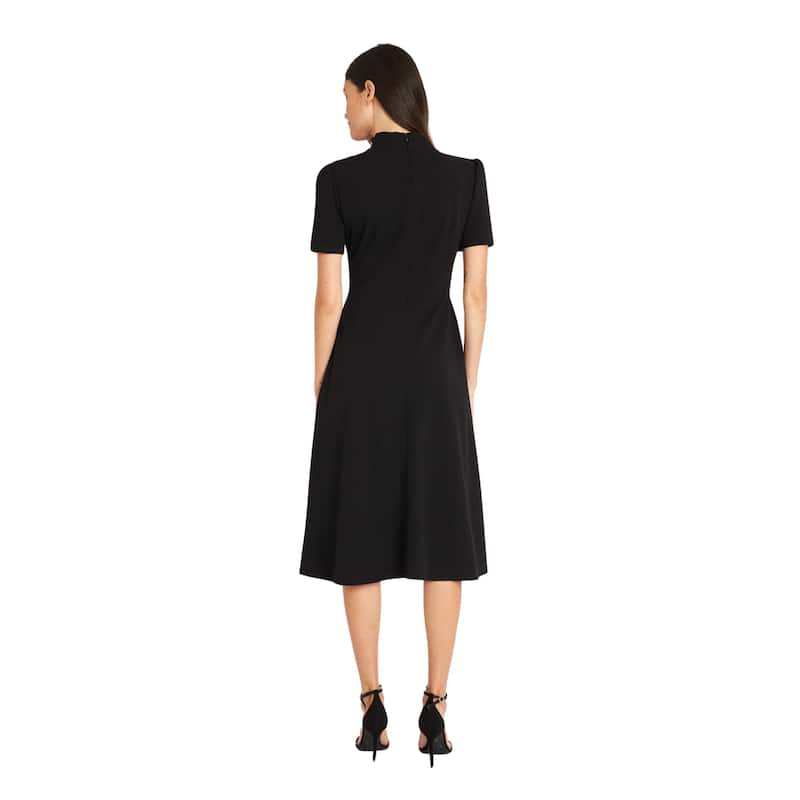 Mock Neck Short Sleeve Sheath Dress With Tie Neck Detail And Back Zipper