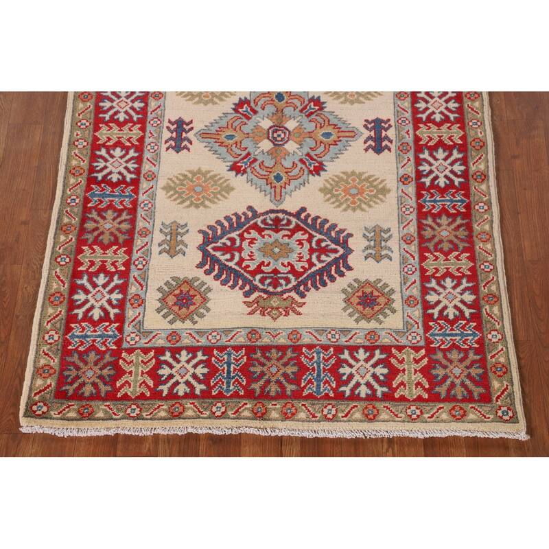 Geometric Ivory Kazak Oriental Accent Rug Hand-Knotted Wool Carpet - 3'5"x 4'11"