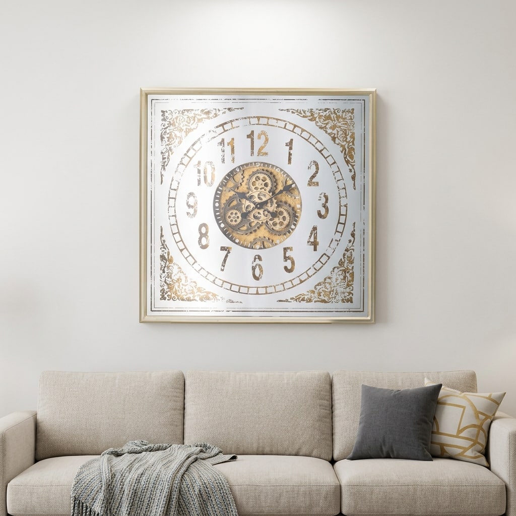 HomeRoots 32" Square Gold and Silver Wood and Mirror Analog Exposed Gear Wall Clock - 31.50 in. x 31.50 in. x 3.10 in.