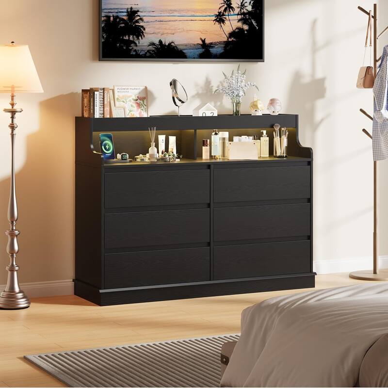 6-Drawer Dresser w/ LED Lights & Charging Station, Wide Storage Cabinet - Black