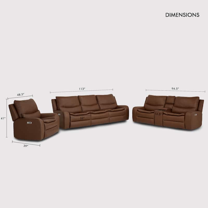 3-Piece Faux Leather Sofa Set with Double Width Seat, Power Recliner, Loveseat & Sofa, Wireless charging and Reading Lamp