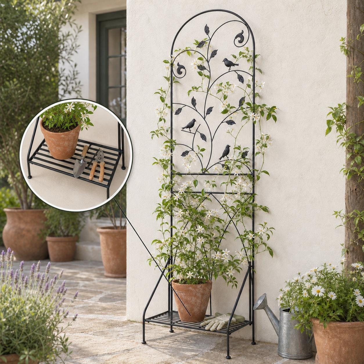 2/3 Packs Iron Garden Trellis Metal Panel Fence with Shelf