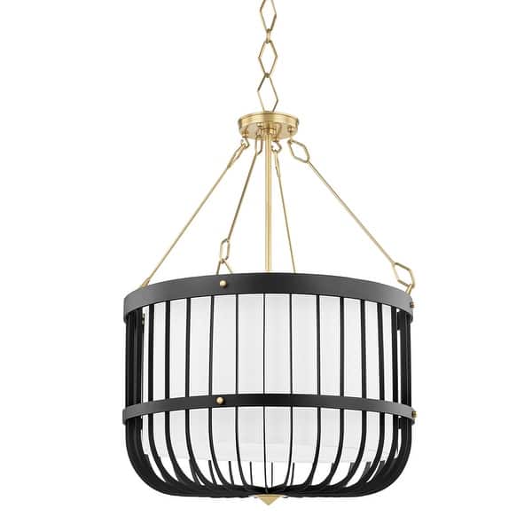 slide 2 of 7, Hudson Valley Landon 4-Light Pendant with White Belgian Linen Shade Aged Brass/Black