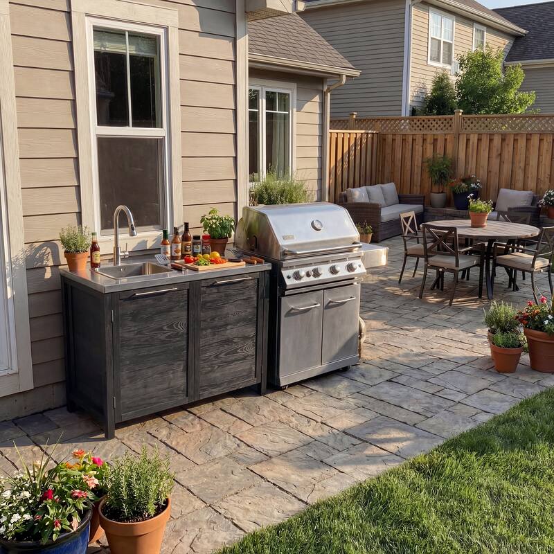 Modular Outdoor Kitchen Island Set, 100% Solid Wood BBQ Cabinet , Patio Kitchen Bar Table