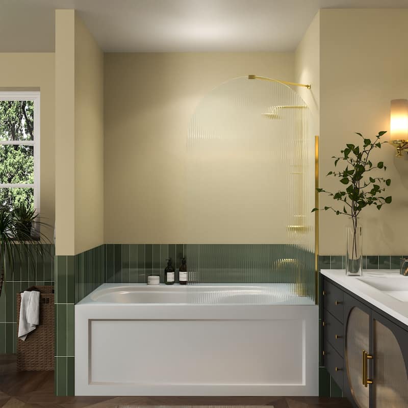 33''x 58'' Bathtub 8mmTempered Glass Frameless Shower Door, Fixed Glass Half Panel in Black/Gold