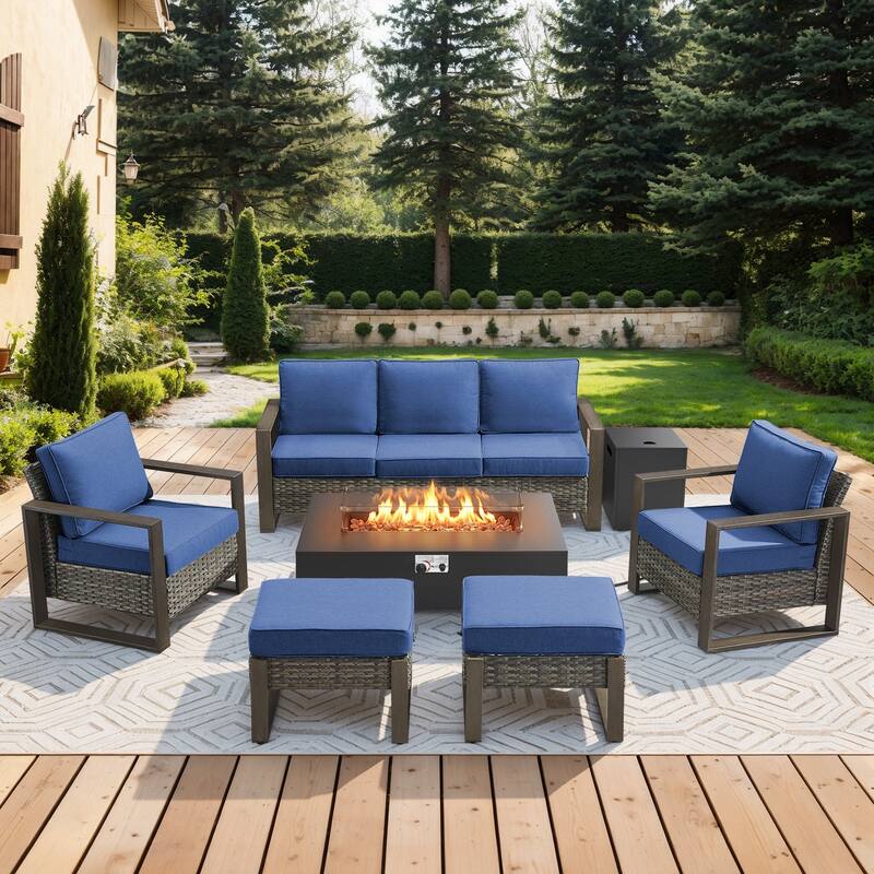Meyreso Wicker Patio Conversation Set with Metal Fire Pit Table & 4.5-Inch Olefin Cushions