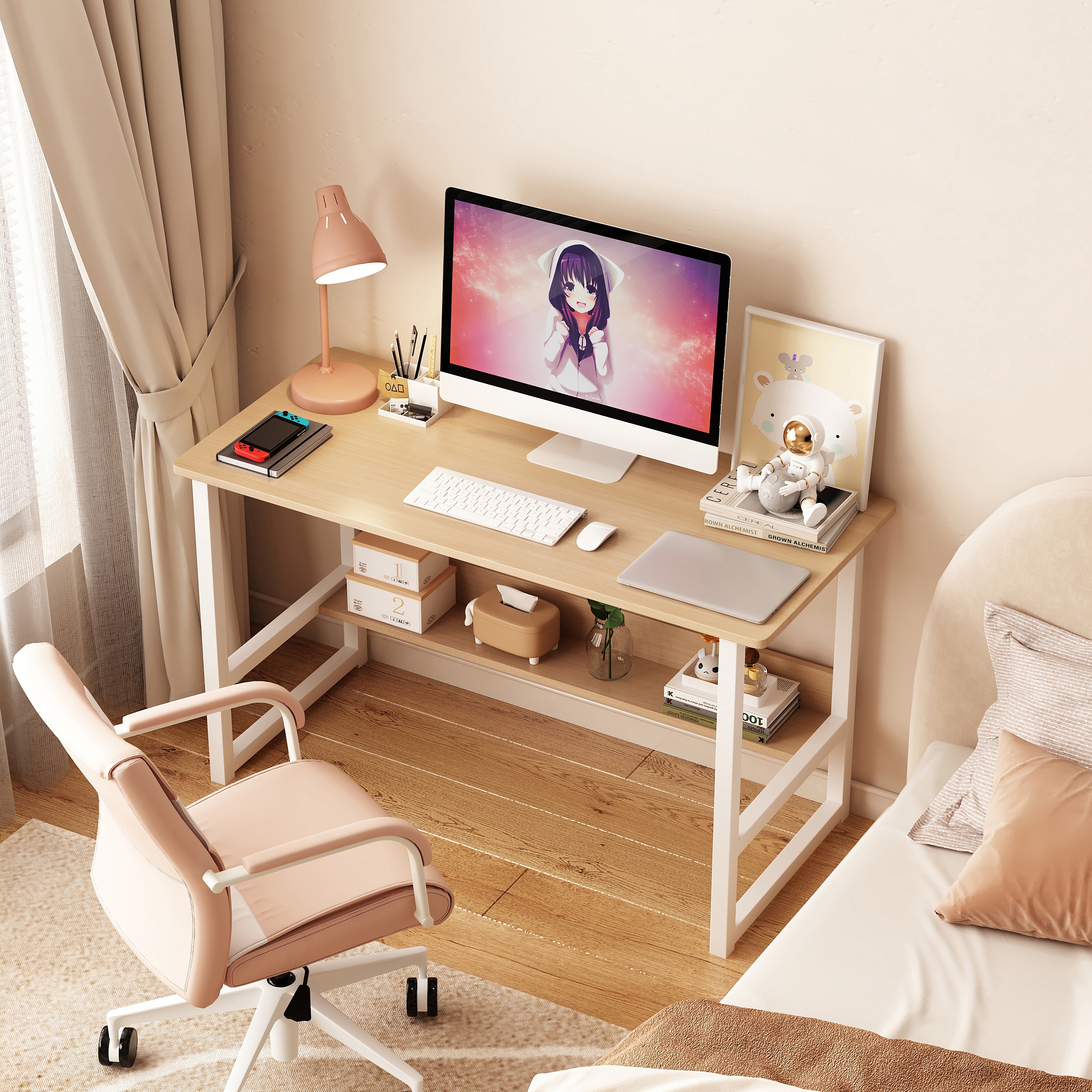 Home Office Computer Desk with Bookshelf, Wood Computer Desk with Storage Shelves Modern Laptop Table