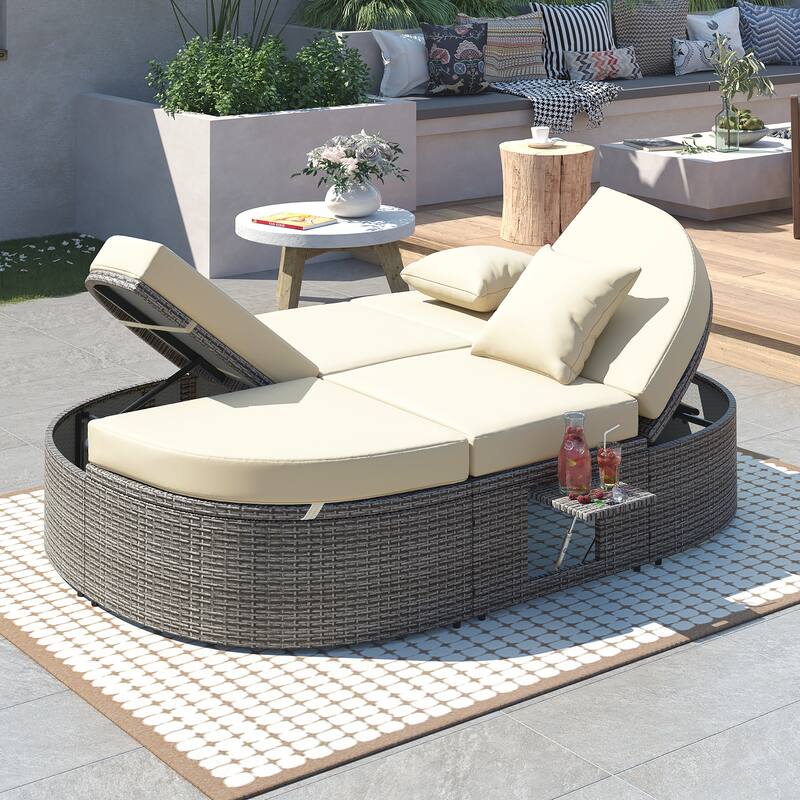 CUSchoice Rattan 2-Person Daybed,Outdoor Sun Bed with Cushions, Pillows, and Adjustable Backrests