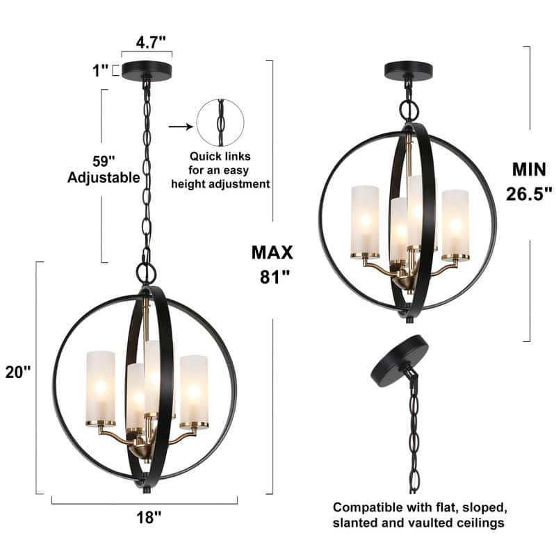Transitional 4-light Candle Chandelier Globe Pendant Lights with Frosted Glass - D 18" x H 20"