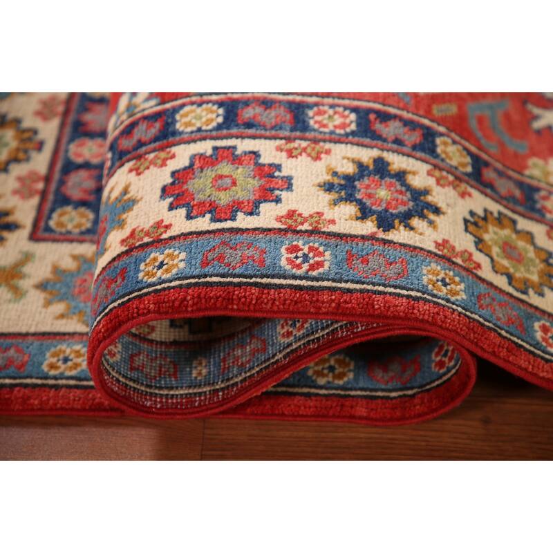 Geometric Kazak Rug Hand-Knotted Red Wool Carpet - 3'4"x 5'2"