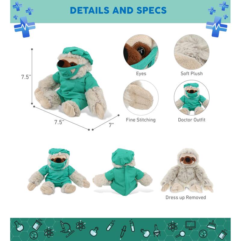 DolliBu Sloth Doctor Plush Toy with Cute Scrub Uniform and Cap Outfit - 7.5 inches