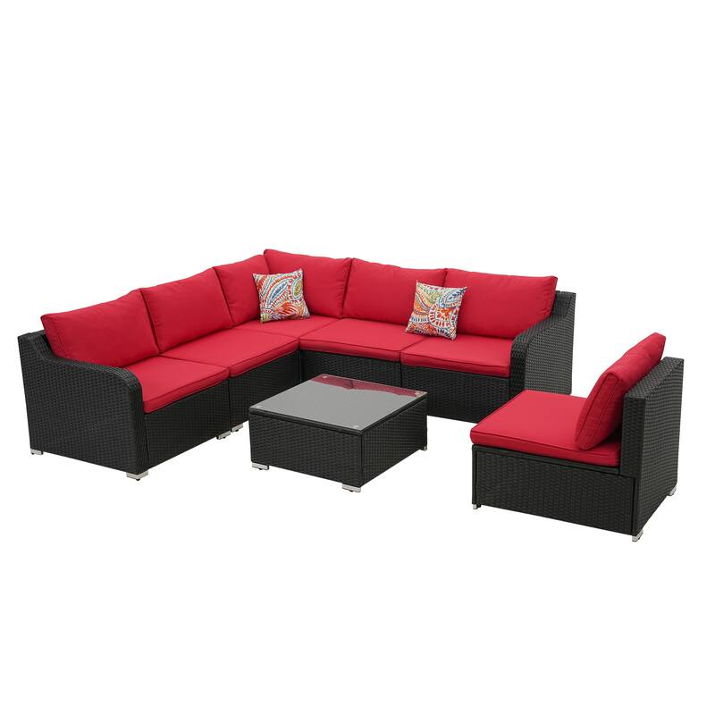 7-Piece Woven Rattan Sofa Set with Cushions and Coffee Table