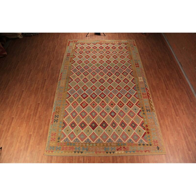 Geometric Reversible Kilim Oriental Large Rug Hand-Woven Wool Carpet - 10'3"x 16'2"