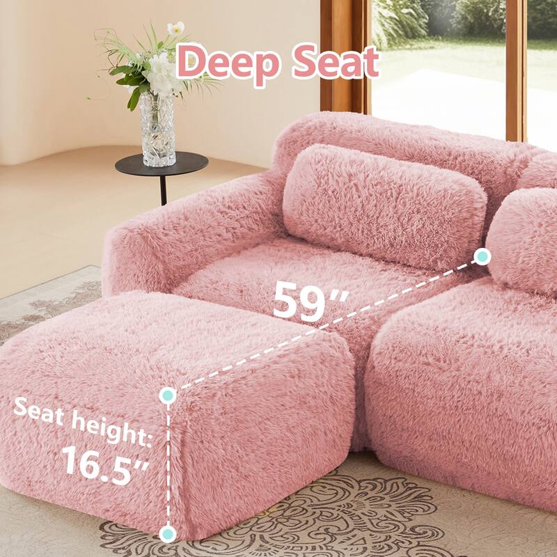 Anmytek Modern L-Shaped Boneless Sofa - Soft Fluffy Plush 32D High Density Sponge with Throw Pillows Movable Ottoman