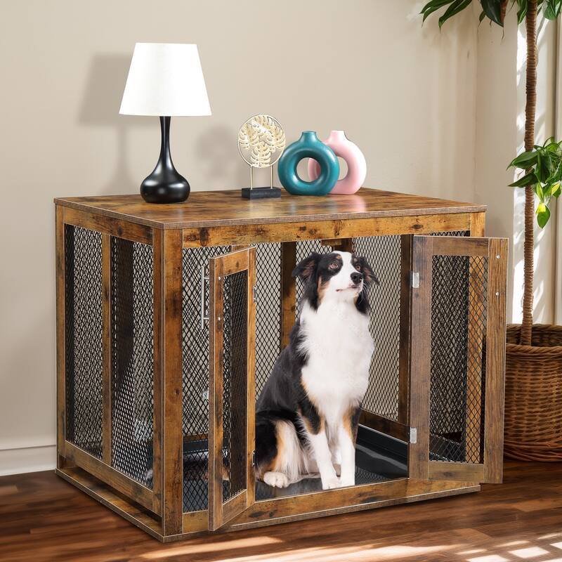 Furniture Dog Crate With Tray For Large Dogs, Indoor Aesthetic Puppy Kennel Pet House Dog Cage With Door