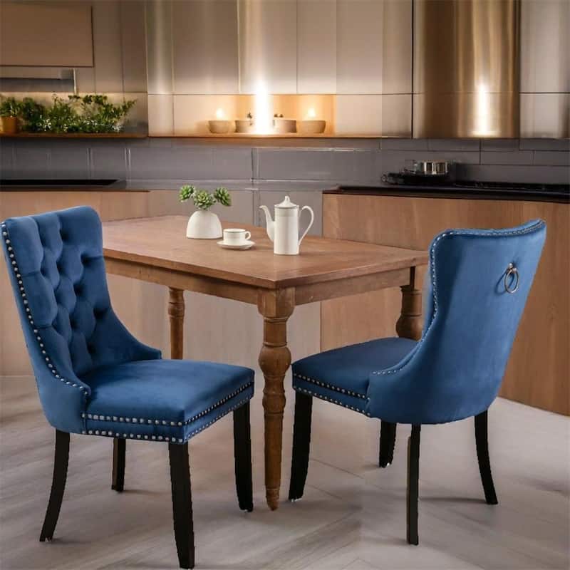 Velvet Upholstered Dining Chair with Wood Legs and Nailhead（Set of 2) - N/A