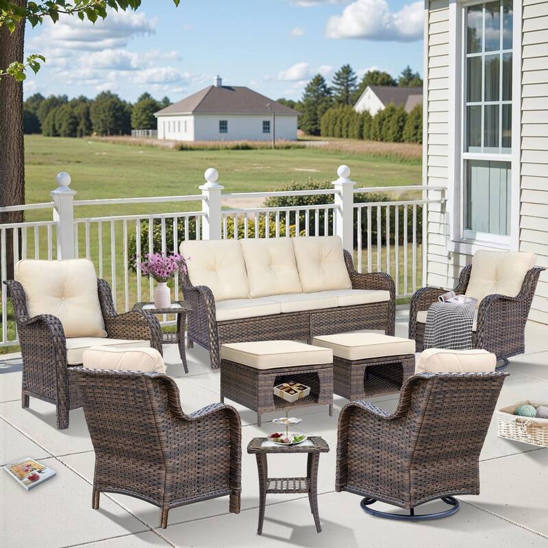 9 Piece Outdoor Wicker Patio Furniture Seating Sofa Set Swivel Chair - Cream