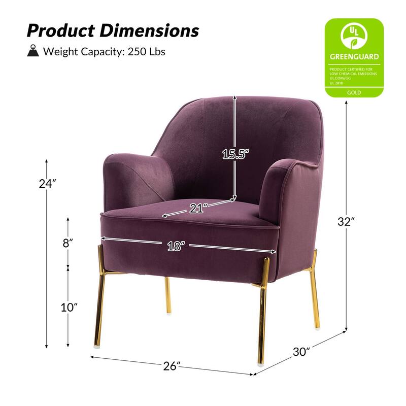 Nora Modern Velvet Accent Chair with Golden Metal Legs Set of 2 by HULALA HOME