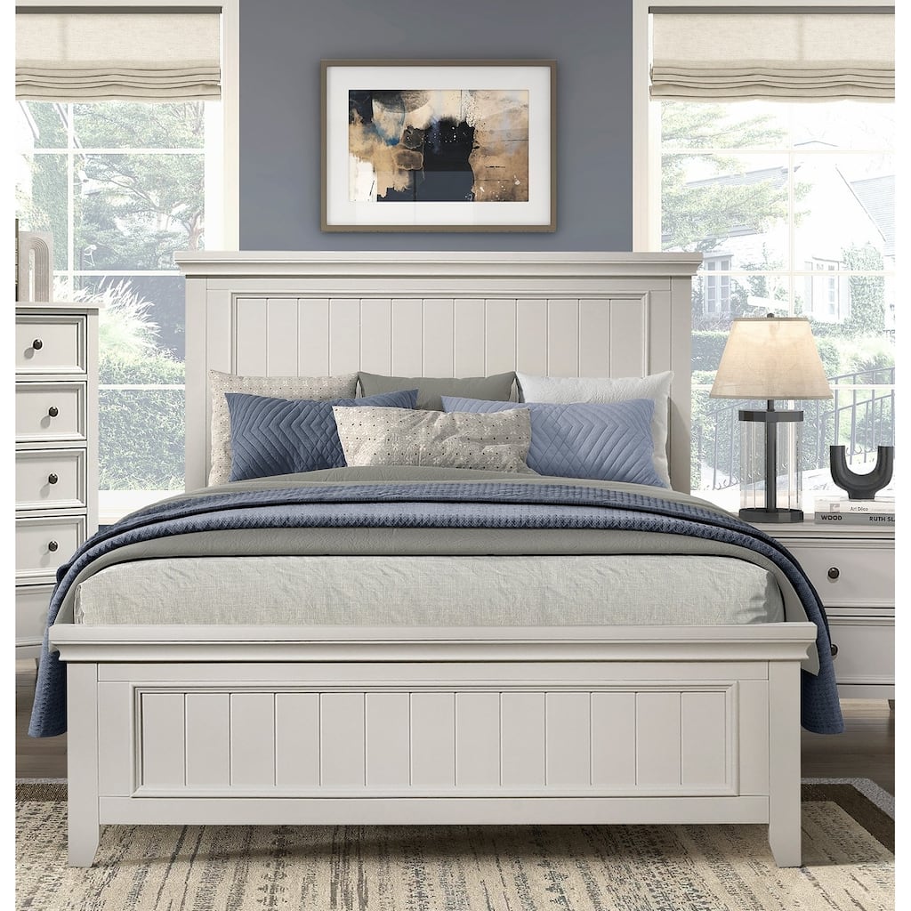 Classic White Farmhouse Queen Size Panel Bed with Wooden Finish