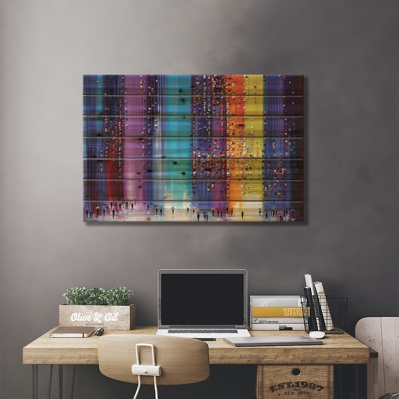 A Rainy Walk Print On Wood by Ekaterina Ermilkina - Multi-Color