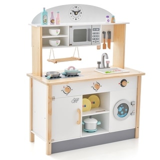 Gymax Kids Play Kitchen Set Wooden Pretend Toy w/Microwave Oven &