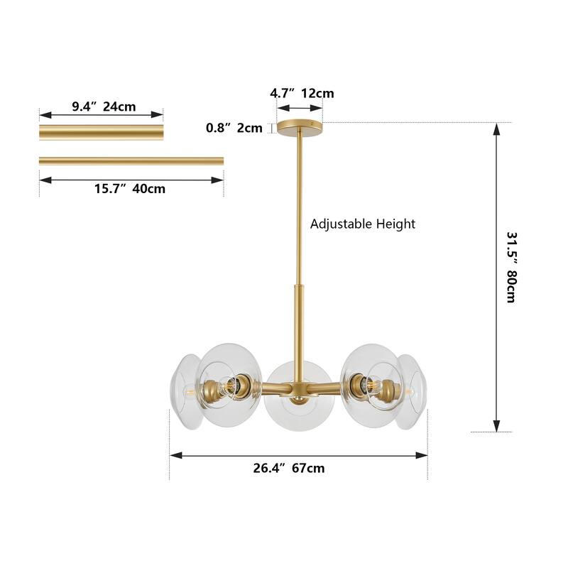 Mid-Century Chandelier, 5-Light Gold Chandelier with Clear Glass Shades, for Dining Room, Kitchen Island and Living Room